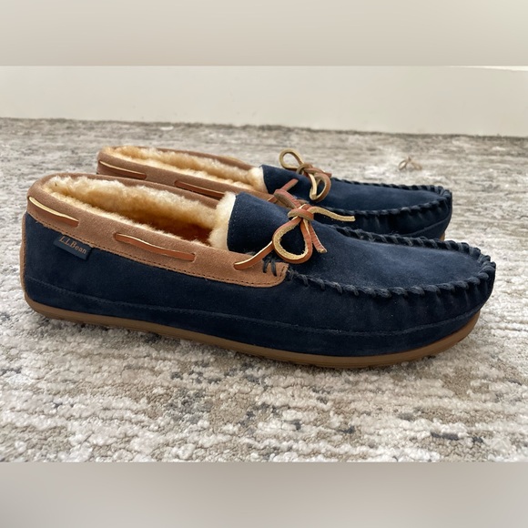 NEW LL Bean Wicked Good Mens Moccasin Slipper II Shearling Navy/Saddle Size 12 - Picture 1 of 12